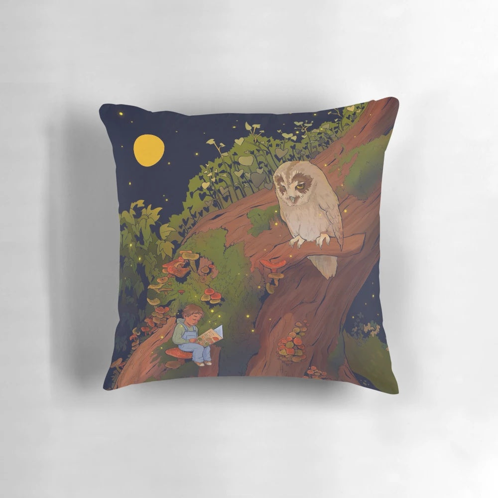Soft, whimsical pillow featuring an owl and tree design, perfect for adding a touch of magic to any room.