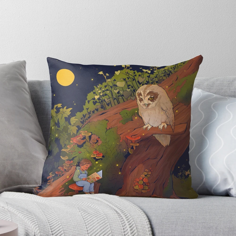 Soft, whimsical pillow featuring an owl and tree design, perfect for adding a touch of magic to any room.