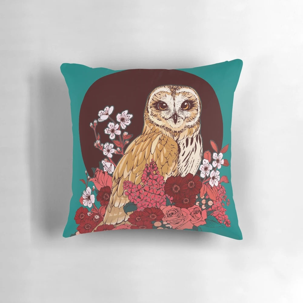 Beautifully designed pillow featuring a short eared owl surrounded by a floral eclipse pattern