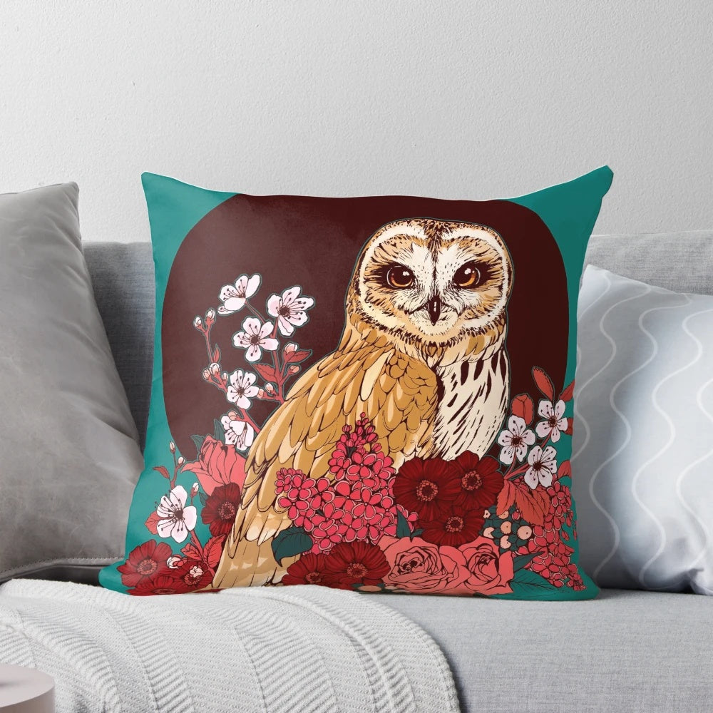 Beautifully designed pillow featuring a short eared owl surrounded by a floral eclipse pattern