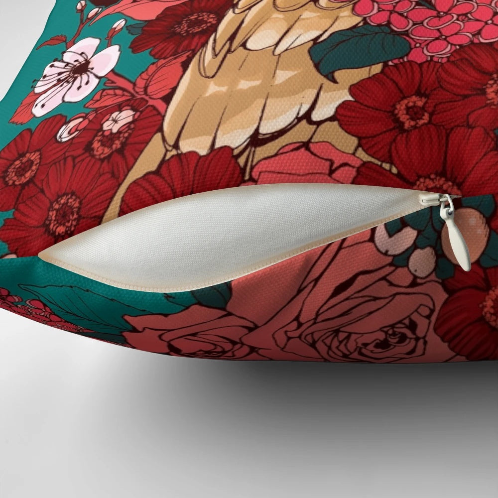 Beautifully designed pillow featuring a short eared owl surrounded by a floral eclipse pattern
