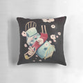 A whimsical page turner pillow featuring a girl flying through a night sky with books and flowers