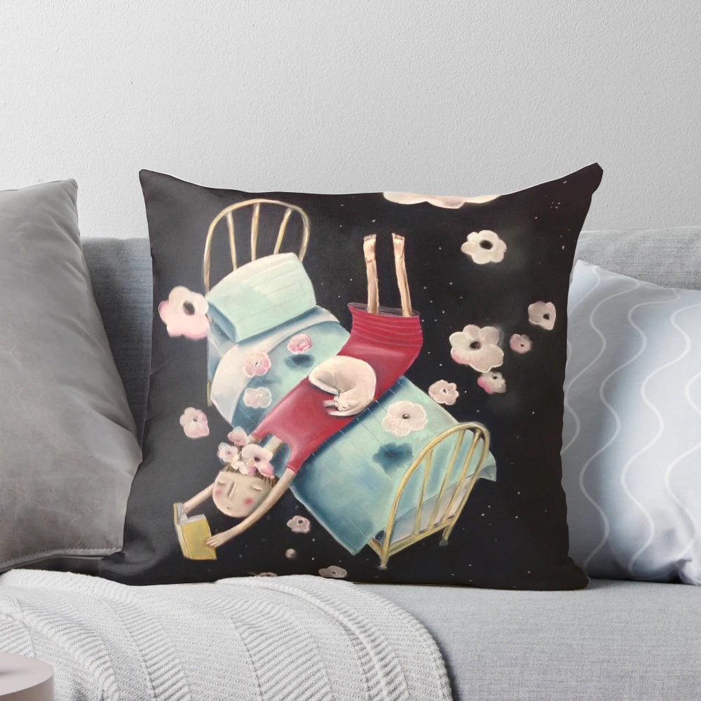 A whimsical page turner pillow featuring a girl flying through a night sky with books and flowers