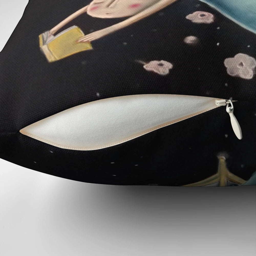 A whimsical page turner pillow featuring a girl flying through a night sky with books and flowers