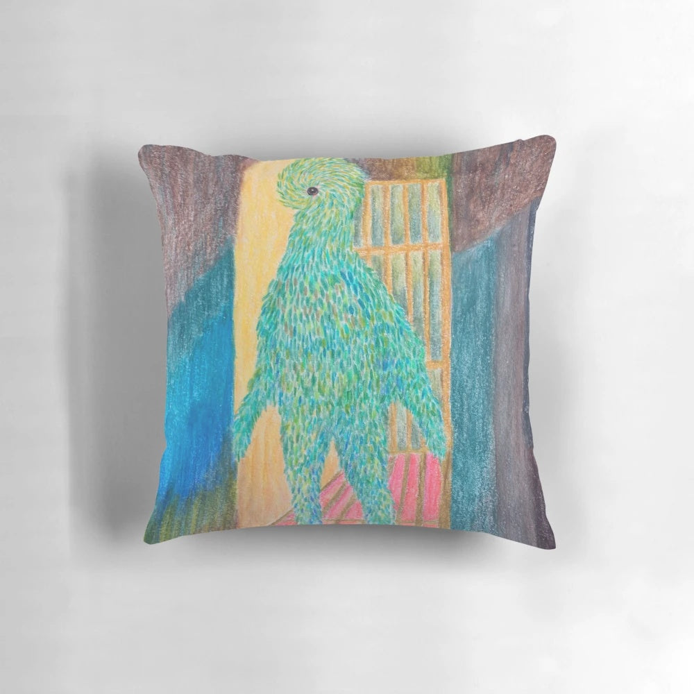 A vibrant and surreal Papageno-inspired pillow featuring a bird-like figure in a magical, abstract design.