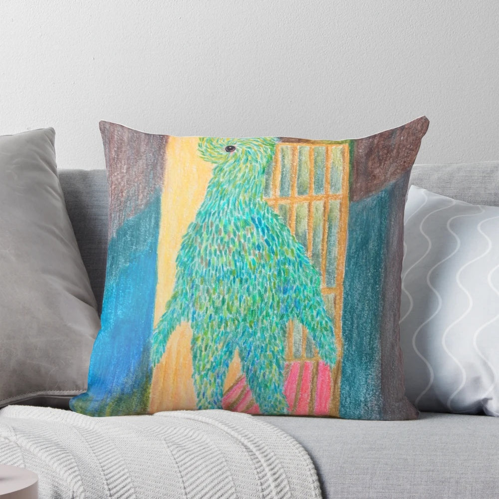 A vibrant and surreal Papageno-inspired pillow featuring a bird-like figure in a magical, abstract design.
