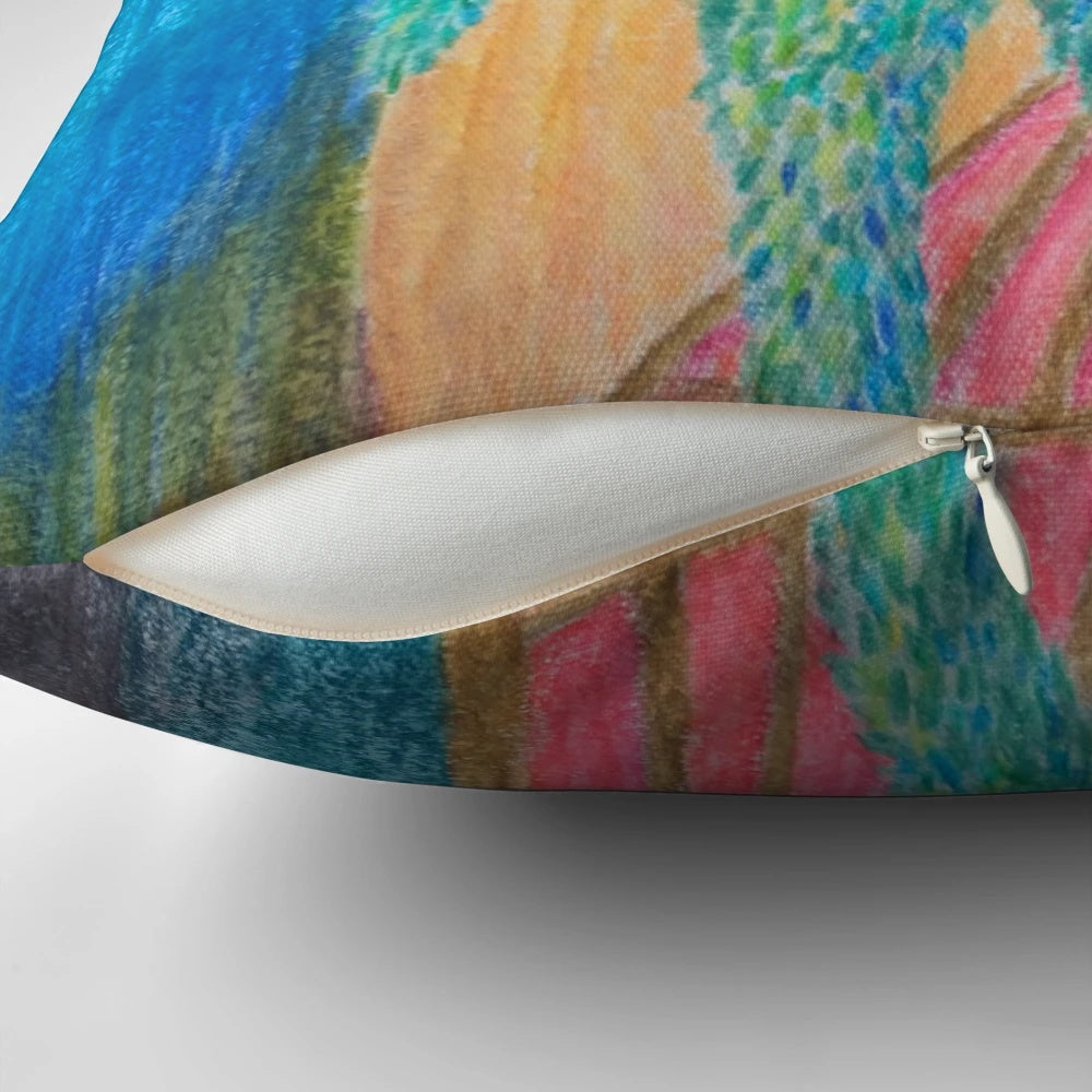 A vibrant and surreal Papageno-inspired pillow featuring a bird-like figure in a magical, abstract design.
