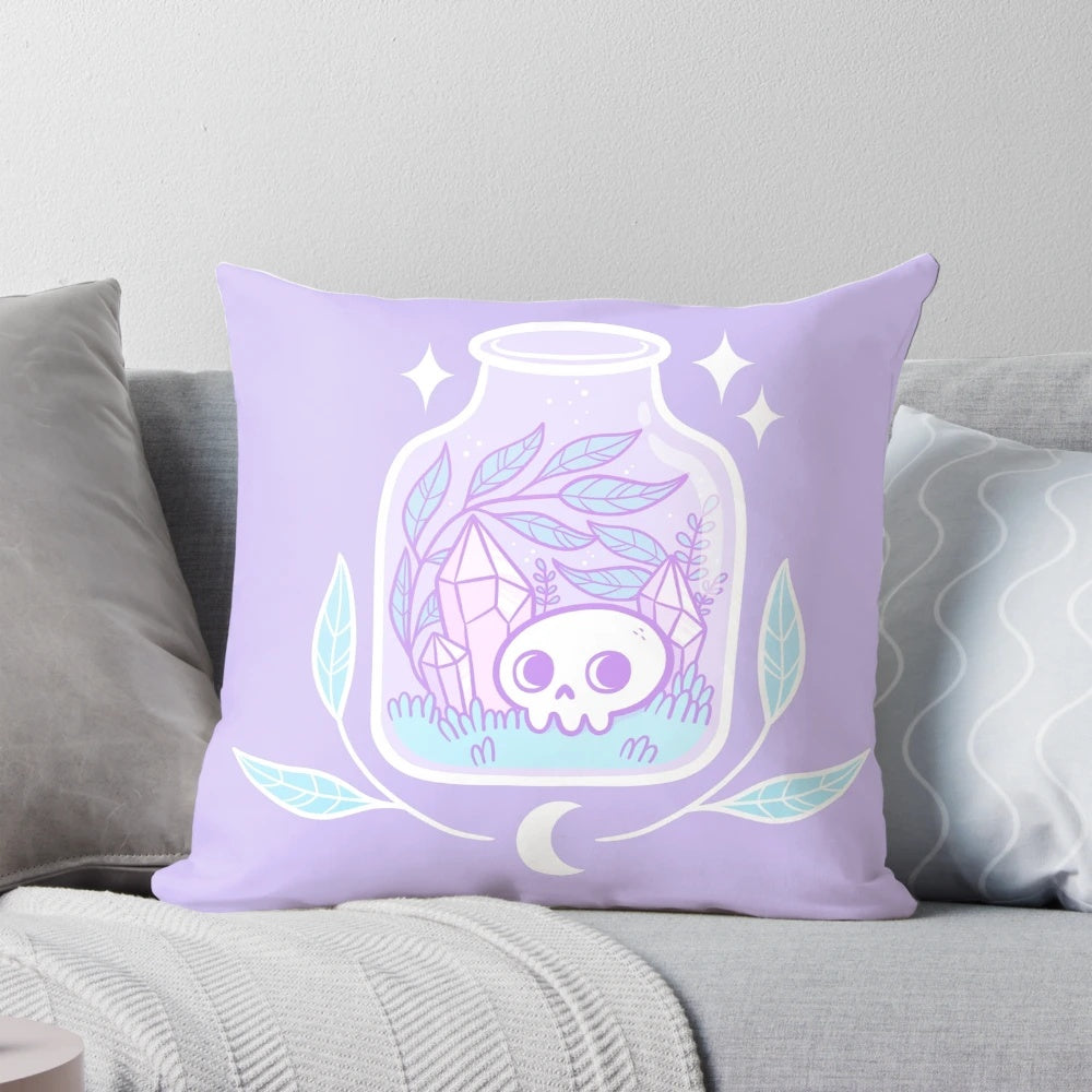 Pastel terrarium pillow with crystals, skull, and moon - Nikury witchy home decor