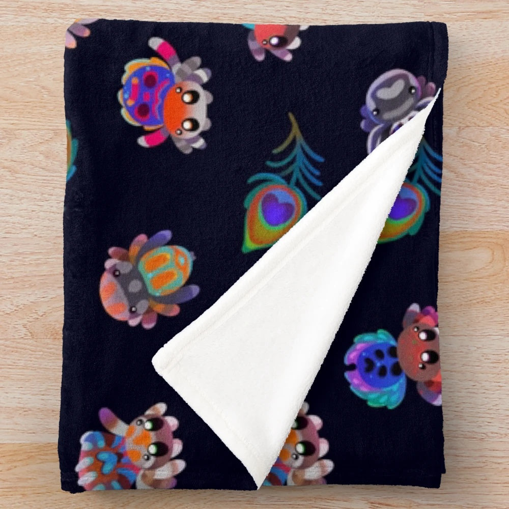 Vibrant peacock spider plush blanket featuring the captivating colors and patterns of this fascinating invertebrate