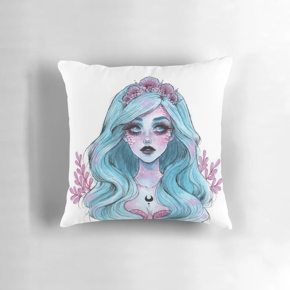 Pearlescent mermaid-themed decorative pillow in pastel colors with shimmery, iridescent detailing