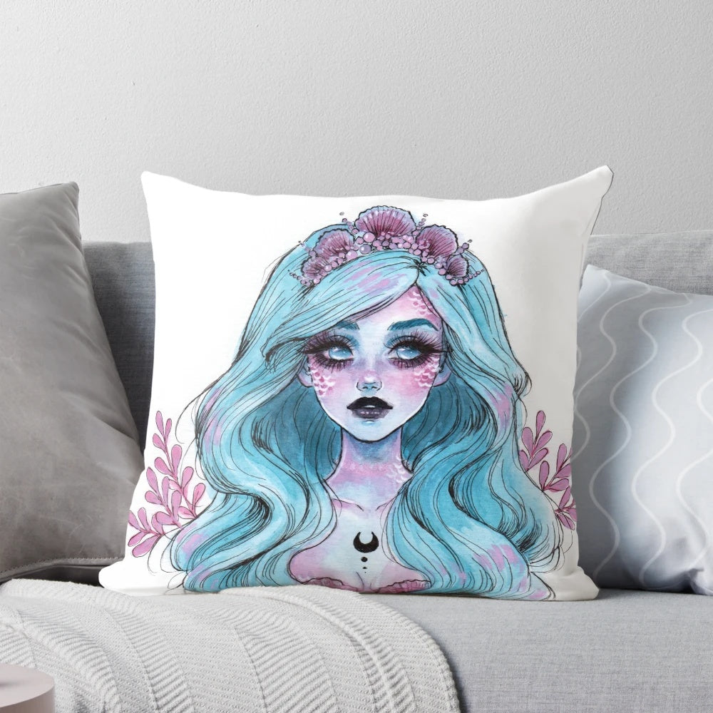 Pearlescent mermaid-themed decorative pillow in pastel colors with shimmery, iridescent detailing