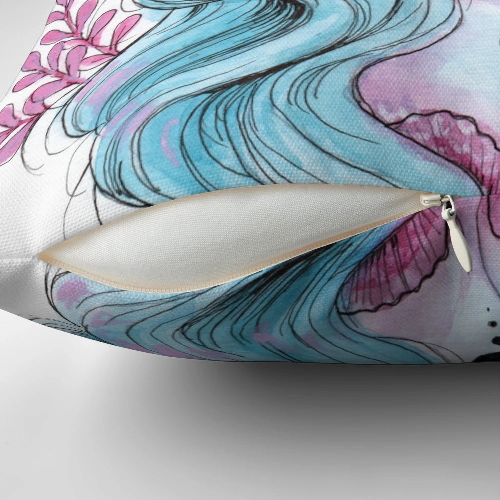 Pearlescent mermaid-themed decorative pillow in pastel colors with shimmery, iridescent detailing