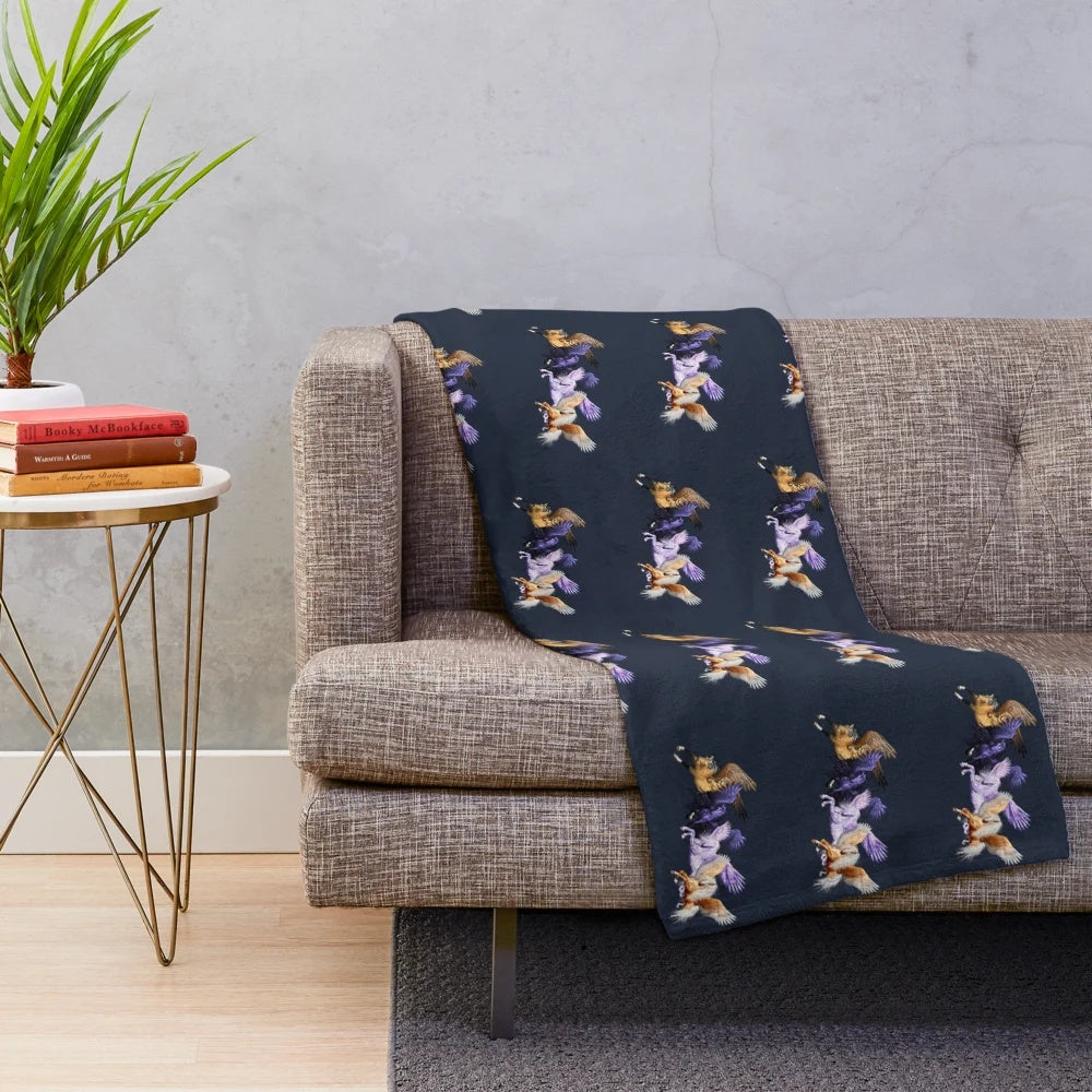 Soft plush blanket featuring a design of magical flying pegasus horses
