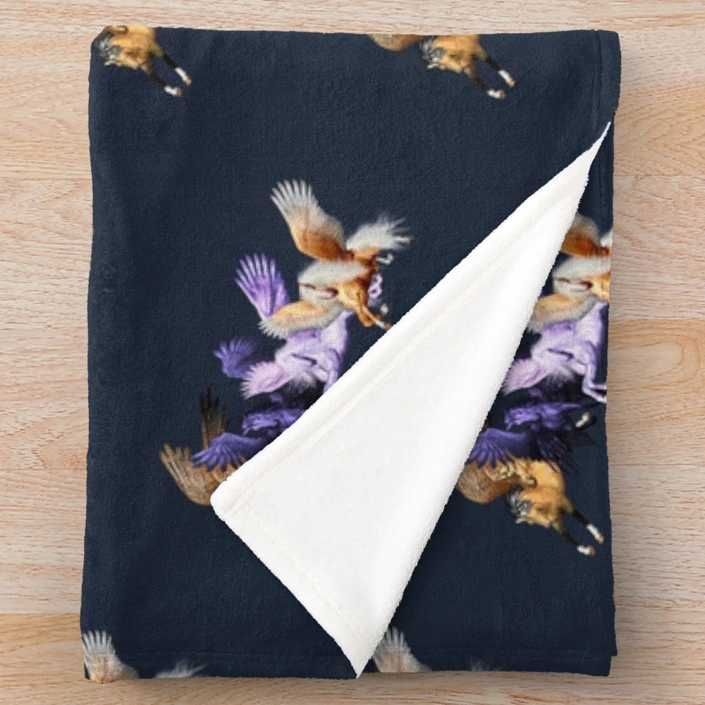 Soft plush blanket featuring a design of magical flying pegasus horses