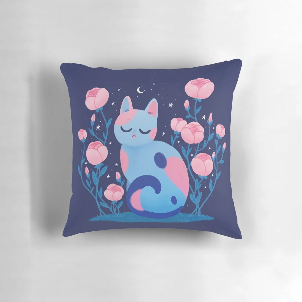 A soft, plush pillow featuring a vibrant peony flower design and a playful cat motif.