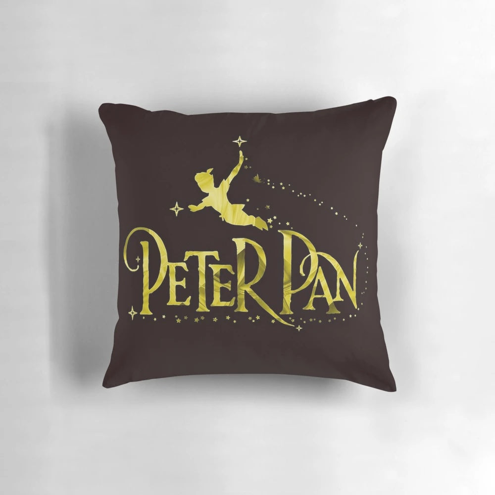 Peter Pan inspired gold glitter logo pillow for kids, featuring iconic Disney cartoon characters
