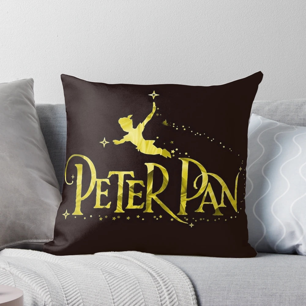 Peter Pan inspired gold glitter logo pillow for kids, featuring iconic Disney cartoon characters