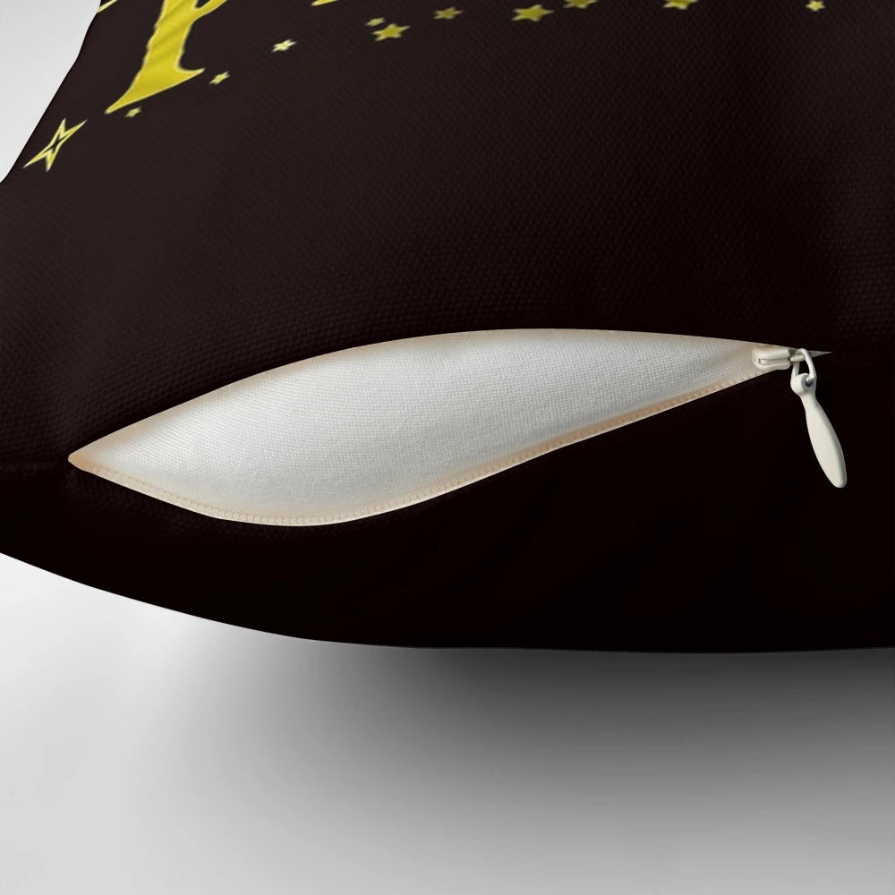 Peter Pan inspired gold glitter logo pillow for kids, featuring iconic Disney cartoon characters