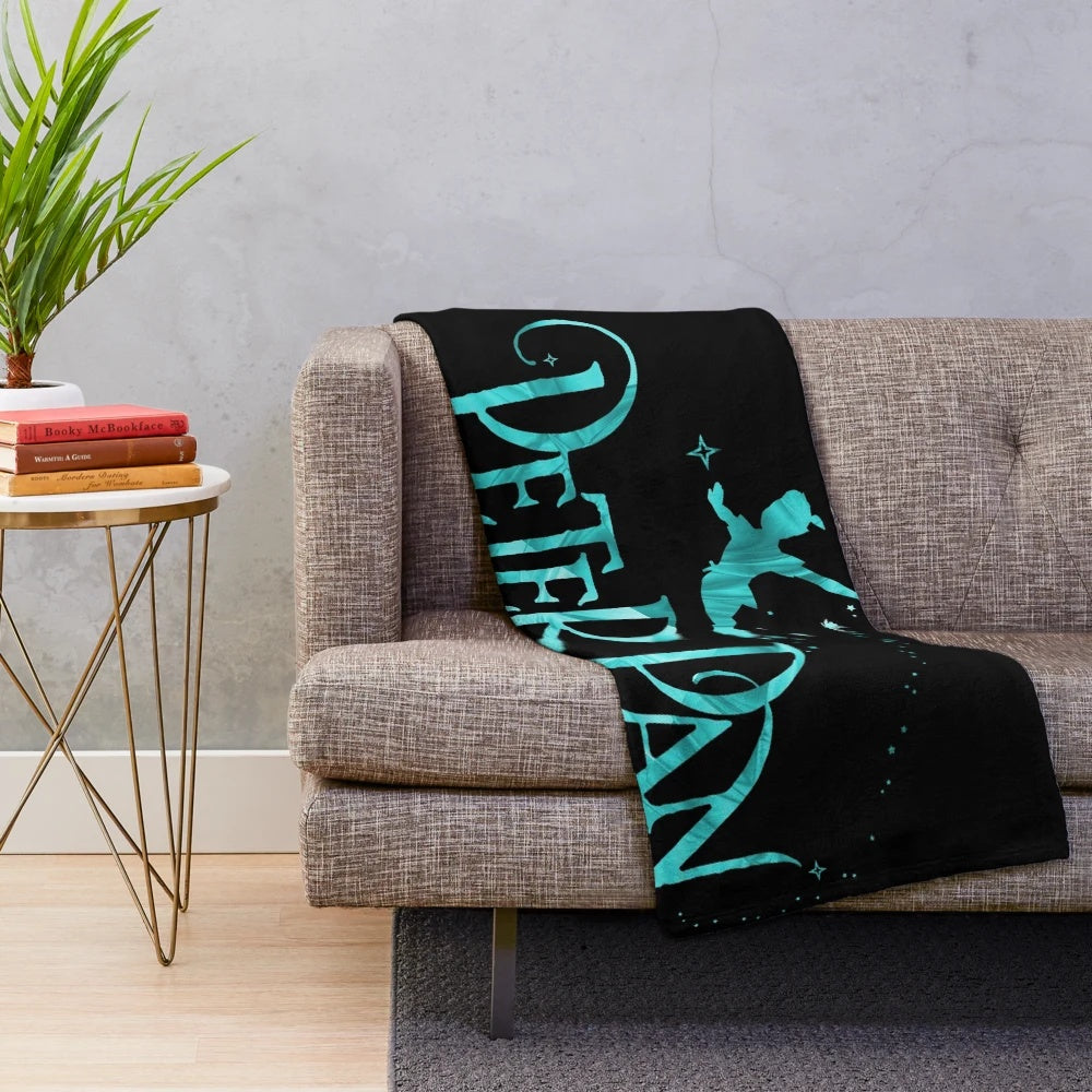 Peter Pan inspired plush blanket with silhouette, stars, and abstract design