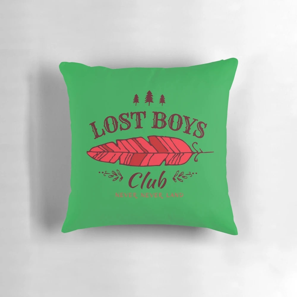 A cozy and whimsical Peter Pan themed pillow featuring the Lost Boys Club from the Disney classic