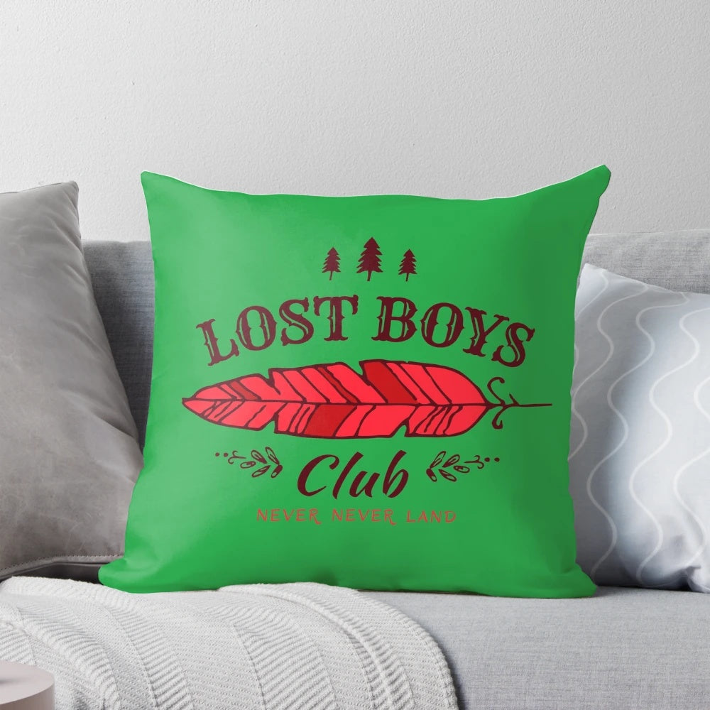 A cozy and whimsical Peter Pan themed pillow featuring the Lost Boys Club from the Disney classic