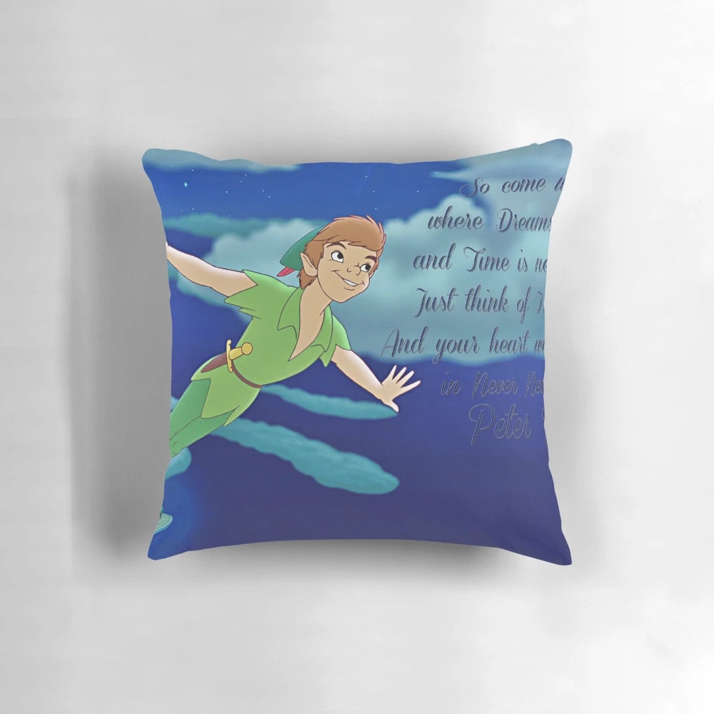 Whimsical Peter Pan themed decorative pillow with quote