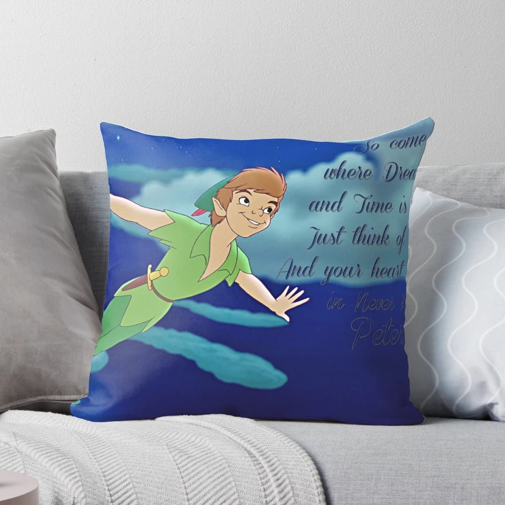 Whimsical Peter Pan themed decorative pillow with quote