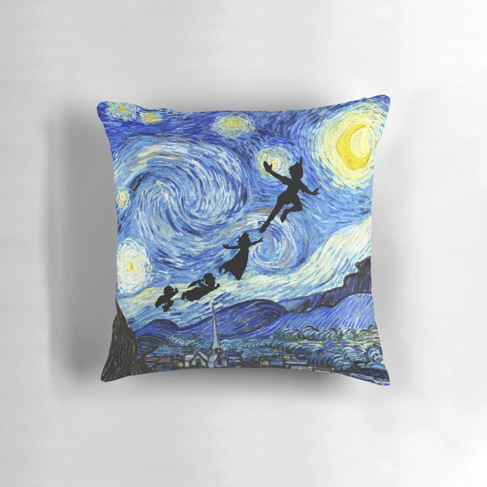 Soft, plush Peter Pan-themed pillow featuring a starry night sky design, perfect for adding a touch of magic to your home decor.