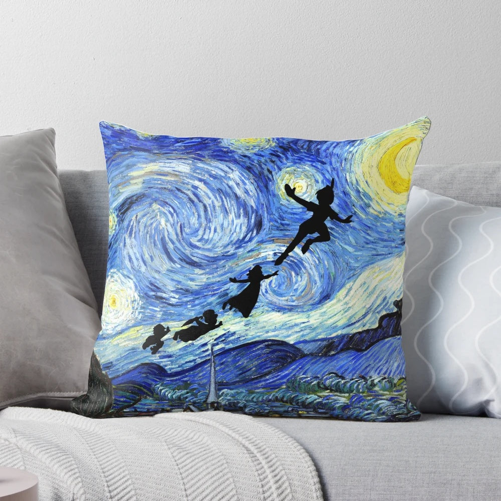 Soft, plush Peter Pan-themed pillow featuring a starry night sky design, perfect for adding a touch of magic to your home decor.