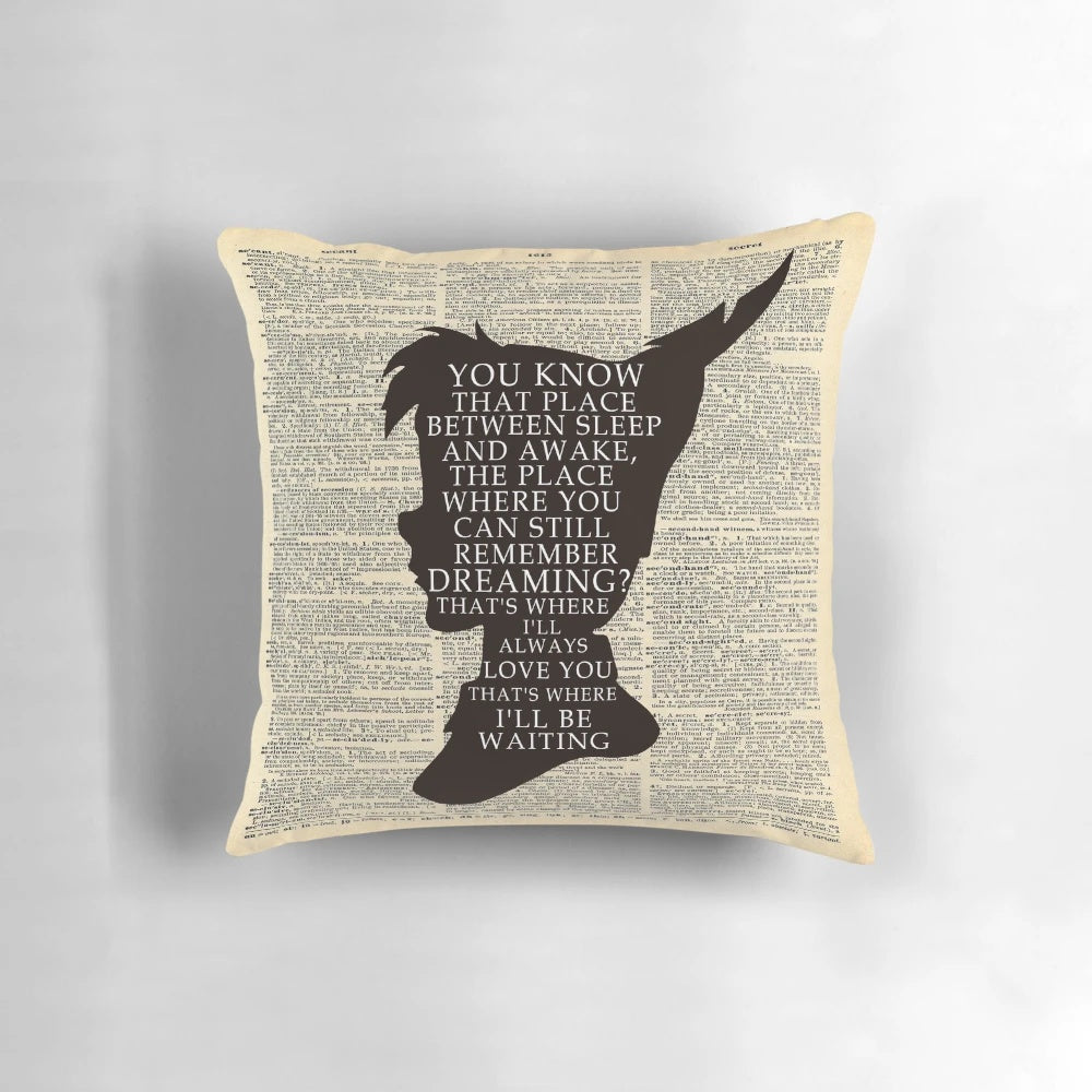 A whimsical throw pillow featuring an image of Peter Pan flying over a vintage dictionary page, perfect for fans of the fantasy movie.