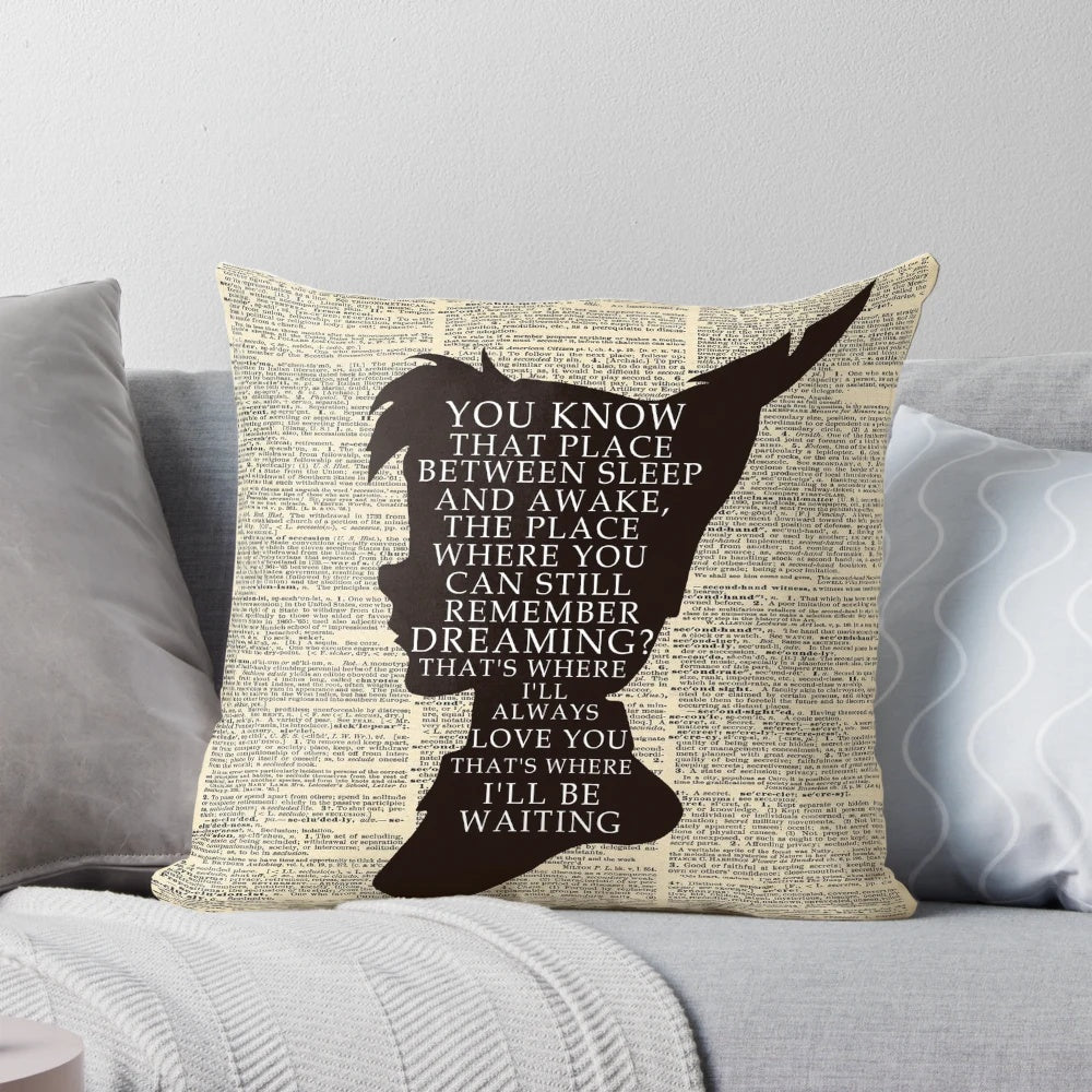 A whimsical throw pillow featuring an image of Peter Pan flying over a vintage dictionary page, perfect for fans of the fantasy movie.