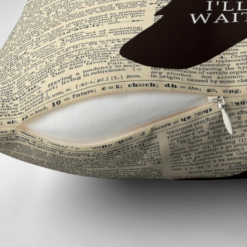 A whimsical throw pillow featuring an image of Peter Pan flying over a vintage dictionary page, perfect for fans of the fantasy movie.