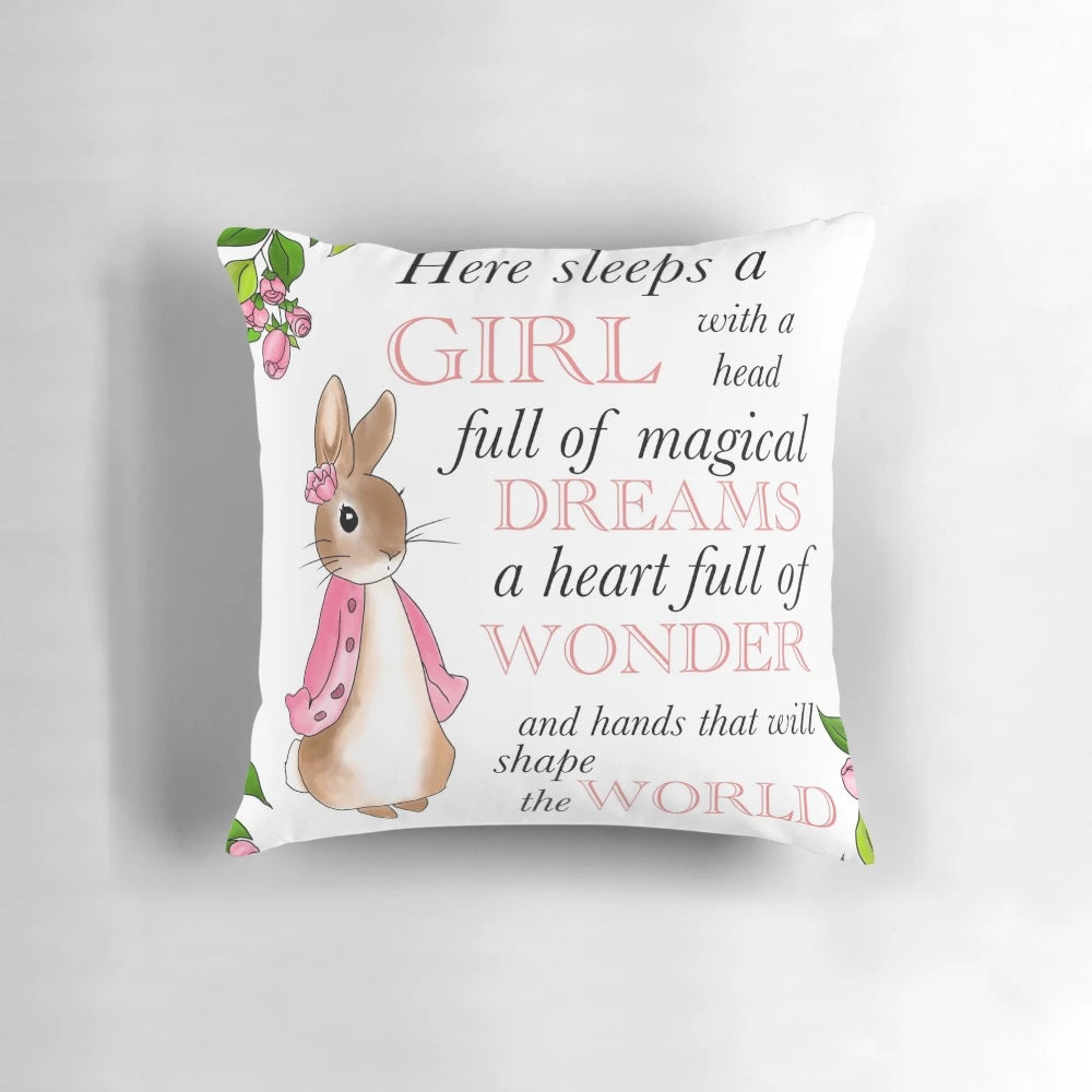 Peter Rabbit plush pillow featuring a whimsical fairy tale design