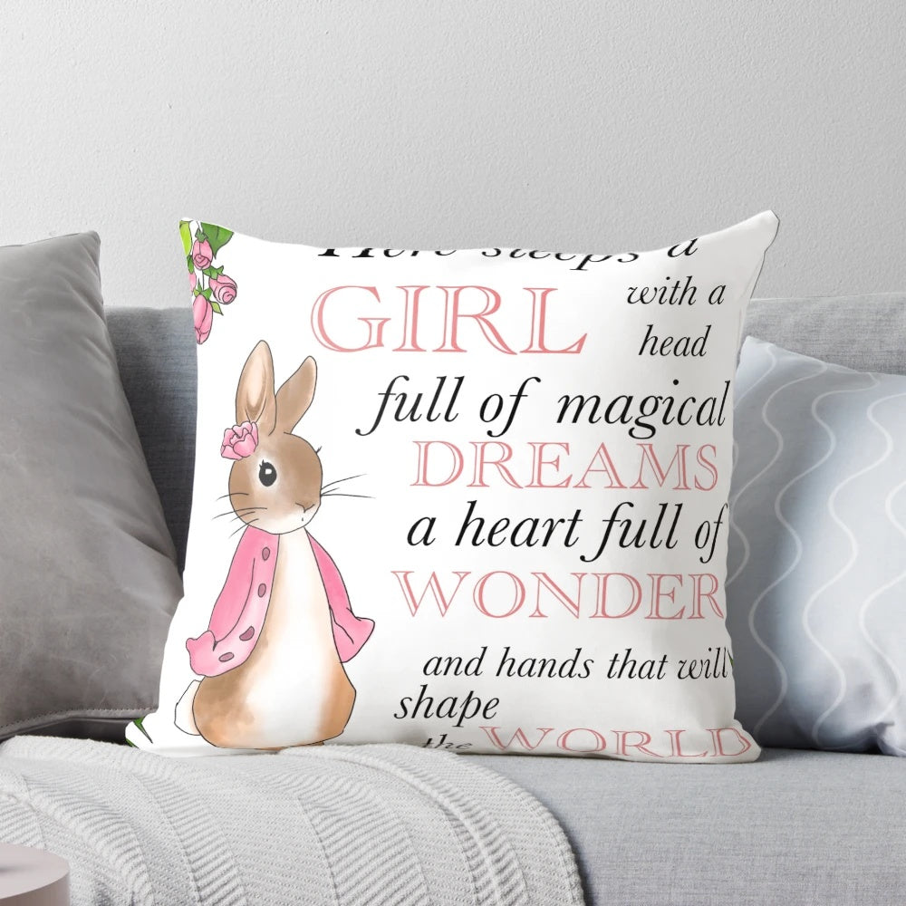 Peter Rabbit plush pillow featuring a whimsical fairy tale design