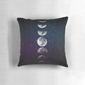 Artistic watercolor illustration of the different phases of the moon on a plush decorative pillow.
