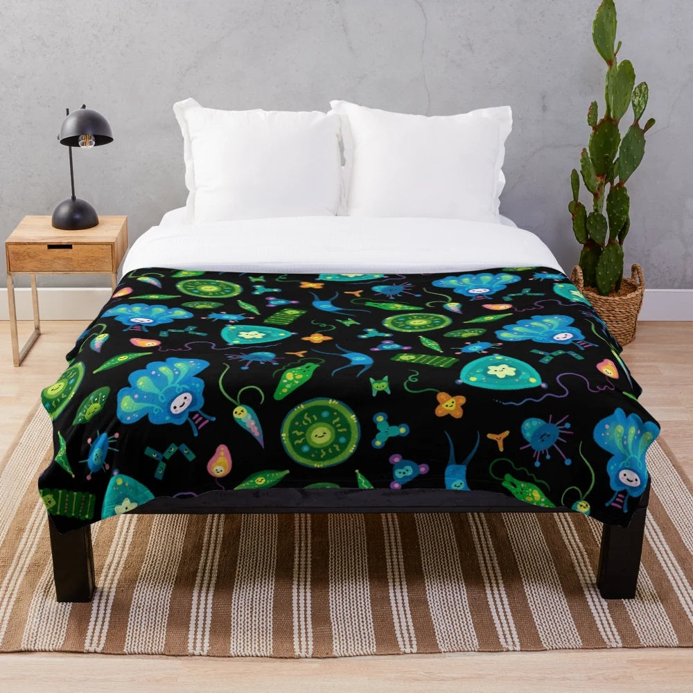 Phytoplankton plush blanket featuring intricate diatom and plankton designs