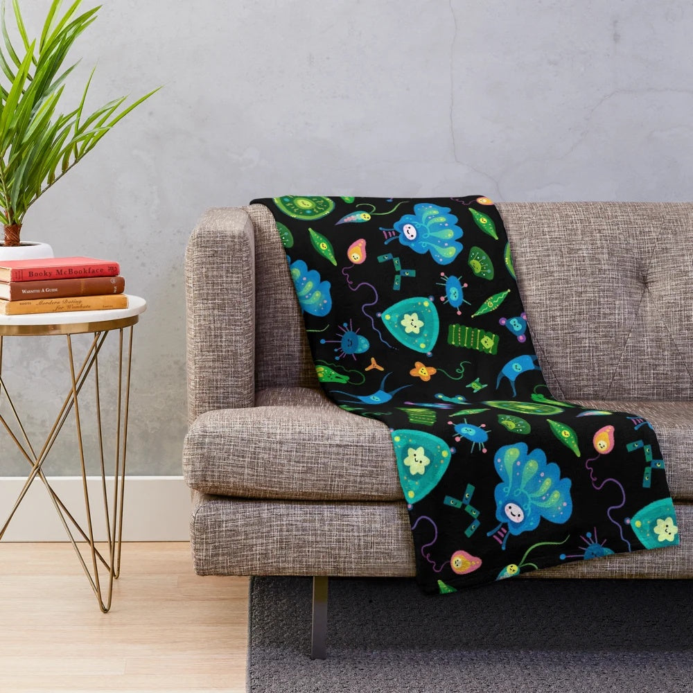Phytoplankton plush blanket featuring intricate diatom and plankton designs