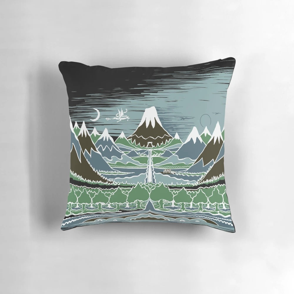 Pillow featuring a mountain path through an elven wood, inspired by the works of J.R.R. Tolkien