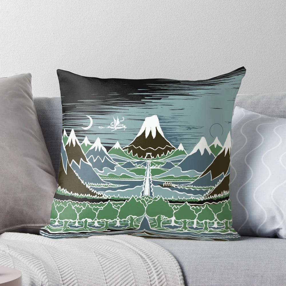 Pillow featuring a mountain path through an elven wood, inspired by the works of J.R.R. Tolkien