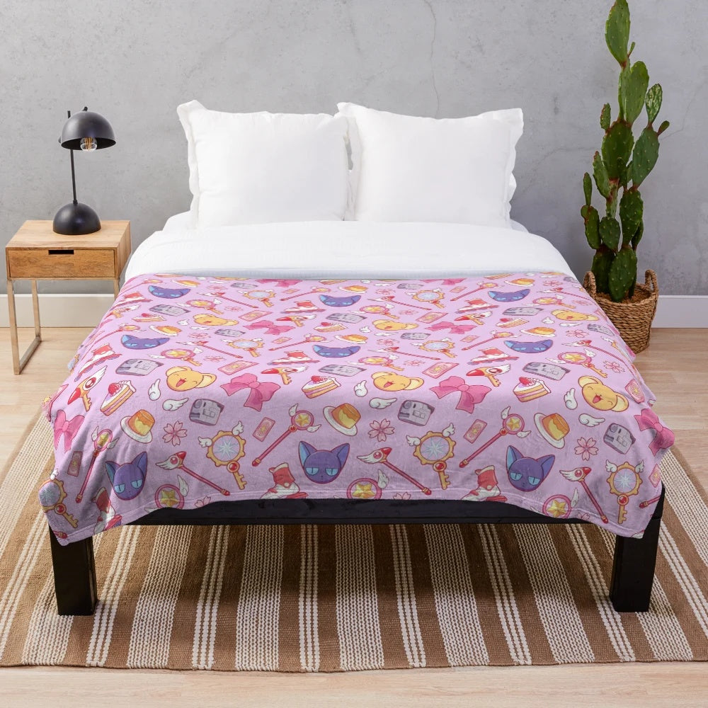 Soft and cozy pink plush blanket featuring a magical girl anime-inspired design