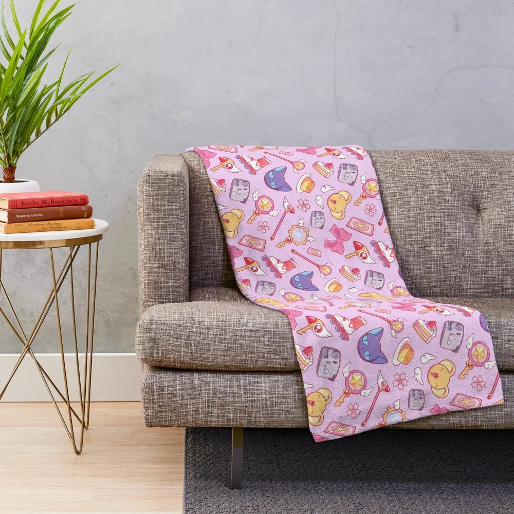 Soft and cozy pink plush blanket featuring a magical girl anime-inspired design