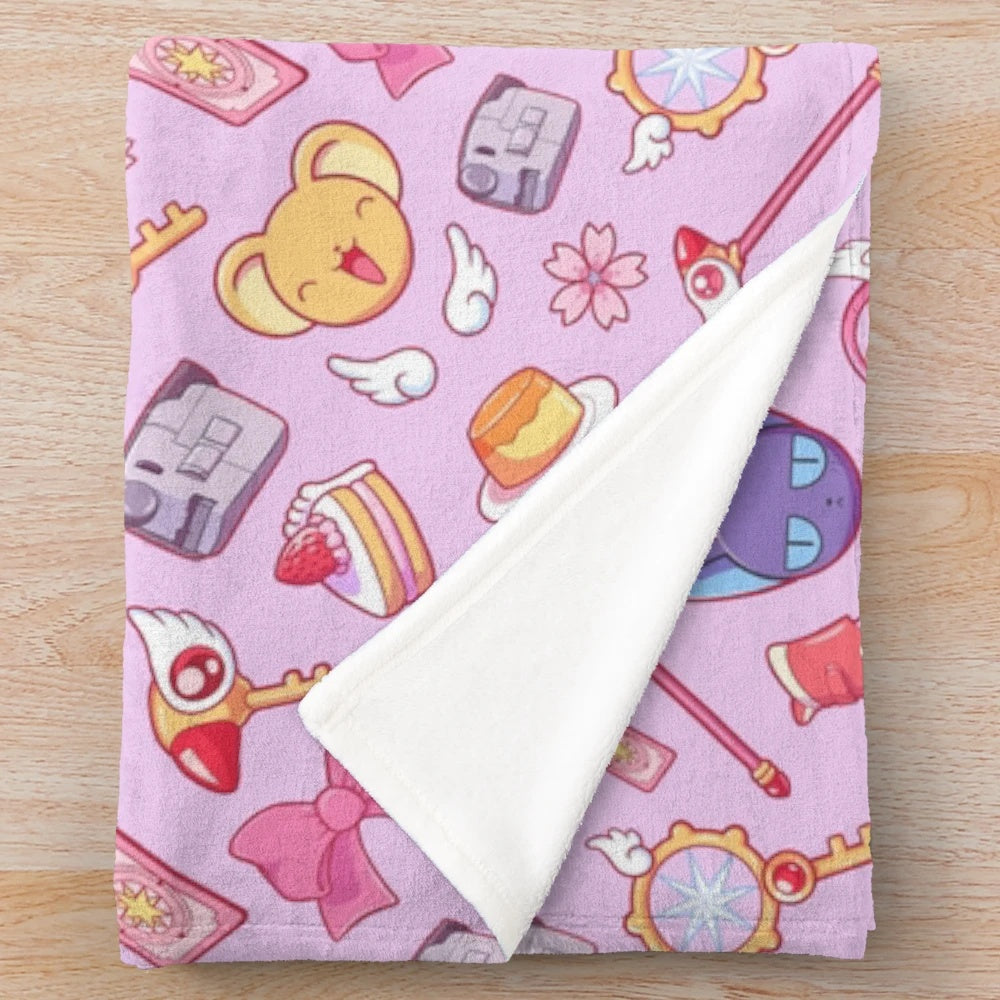 Soft and cozy pink plush blanket featuring a magical girl anime-inspired design