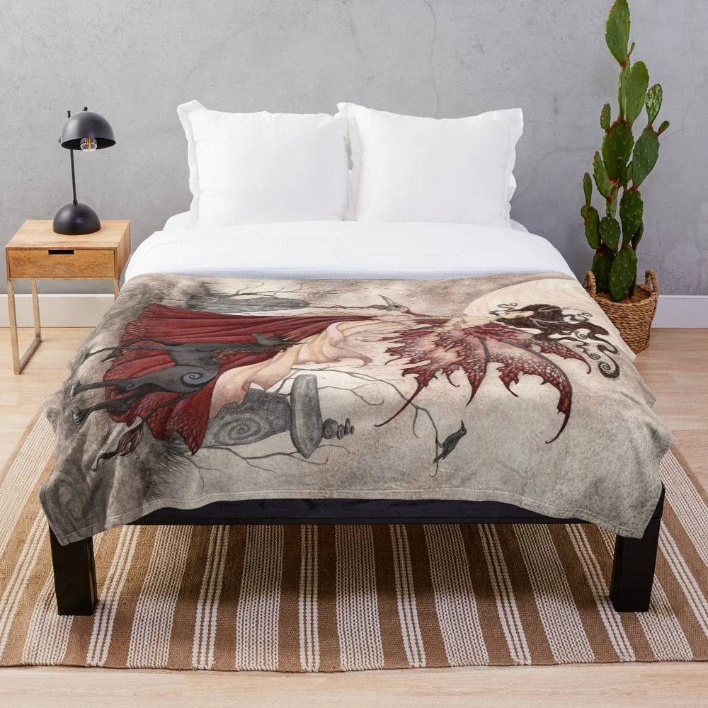 Plush blanket with fantasy art design by Amy Brown featuring mythical creatures