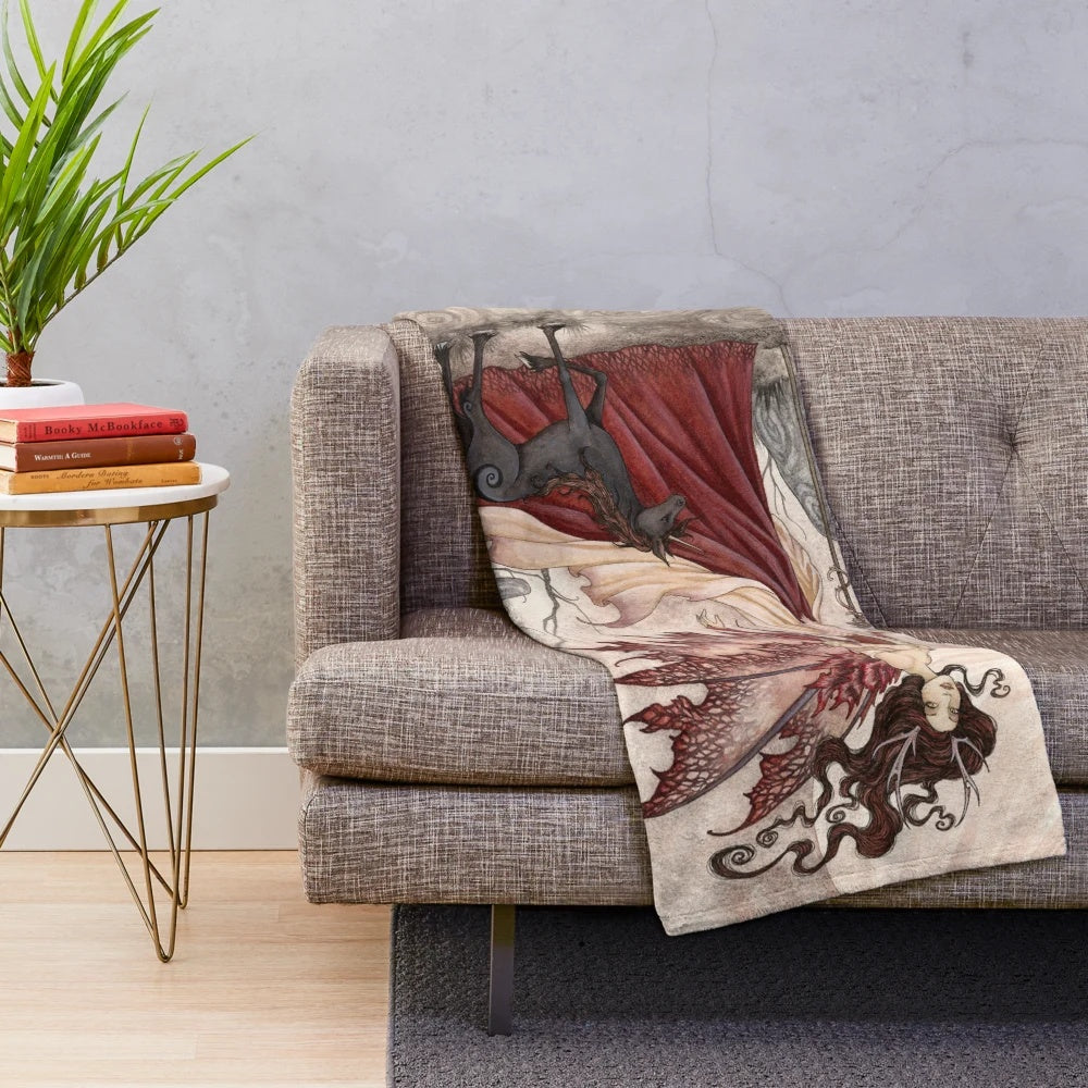 Plush blanket with fantasy art design by Amy Brown featuring mythical creatures