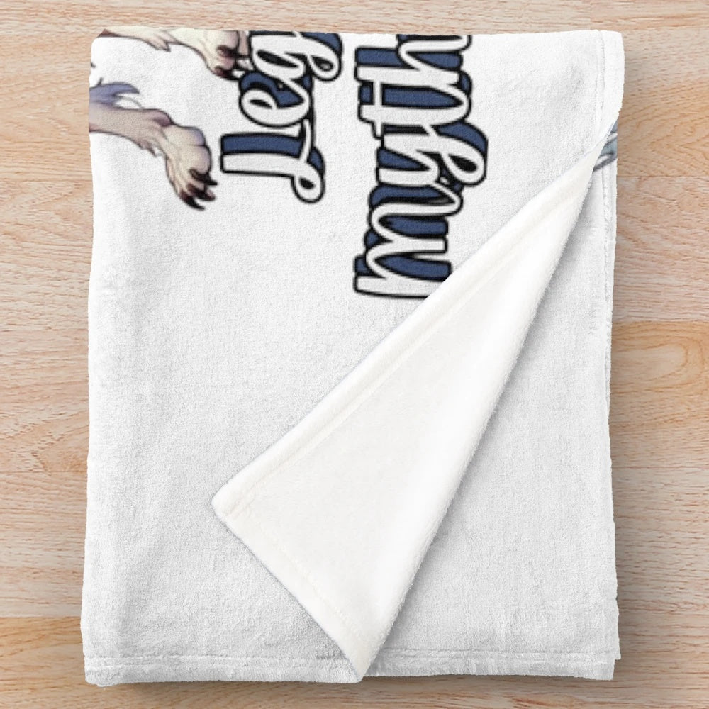 Plush blanket with illustrations of fantastical creatures like unicorns, dragons, and griffins