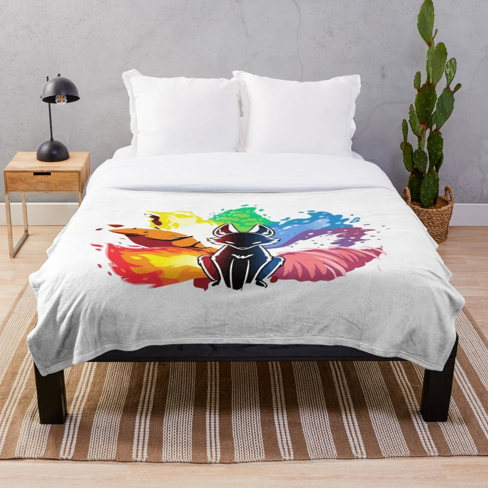 Plush blanket with a whimsical design of a legendary fox-like creature in a lush, magical forest setting.