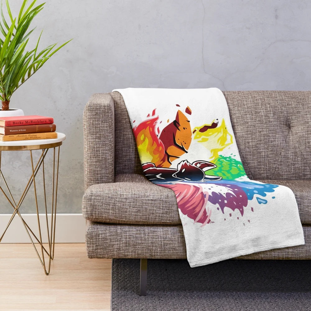 Plush blanket with a whimsical design of a legendary fox-like creature in a lush, magical forest setting.