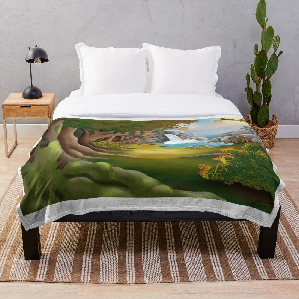 Plush blanket featuring a serene woodland landscape with deer, trees, and a waterfall