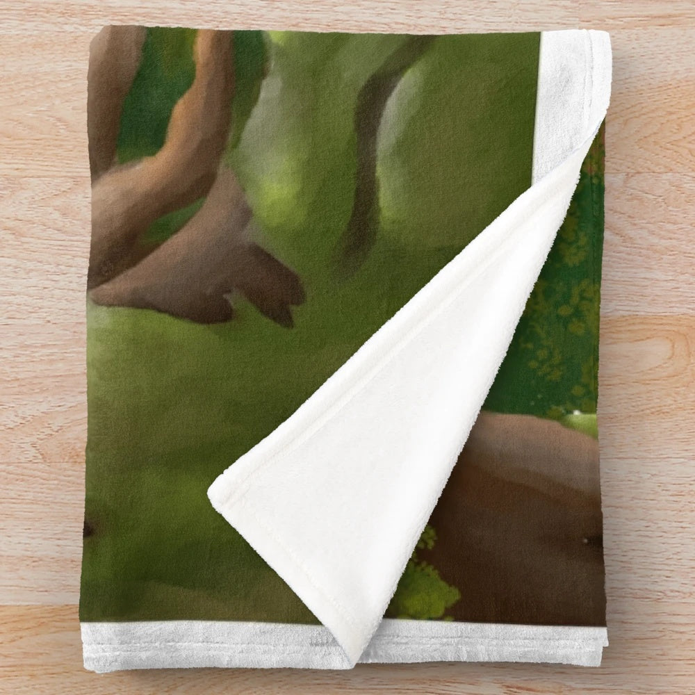 Plush blanket featuring a serene woodland landscape with deer, trees, and a waterfall
