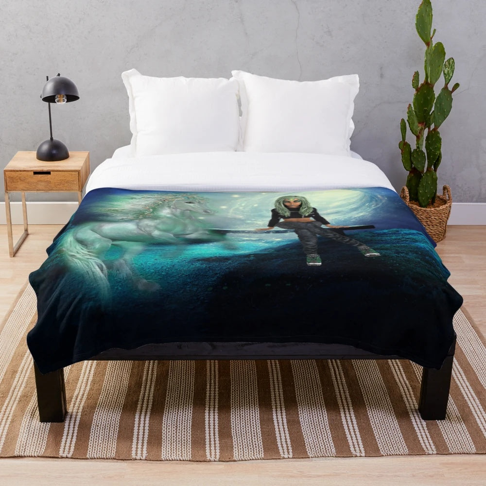 Cozy plush blanket featuring a majestic unicorn in a magical forest with a starry night sky